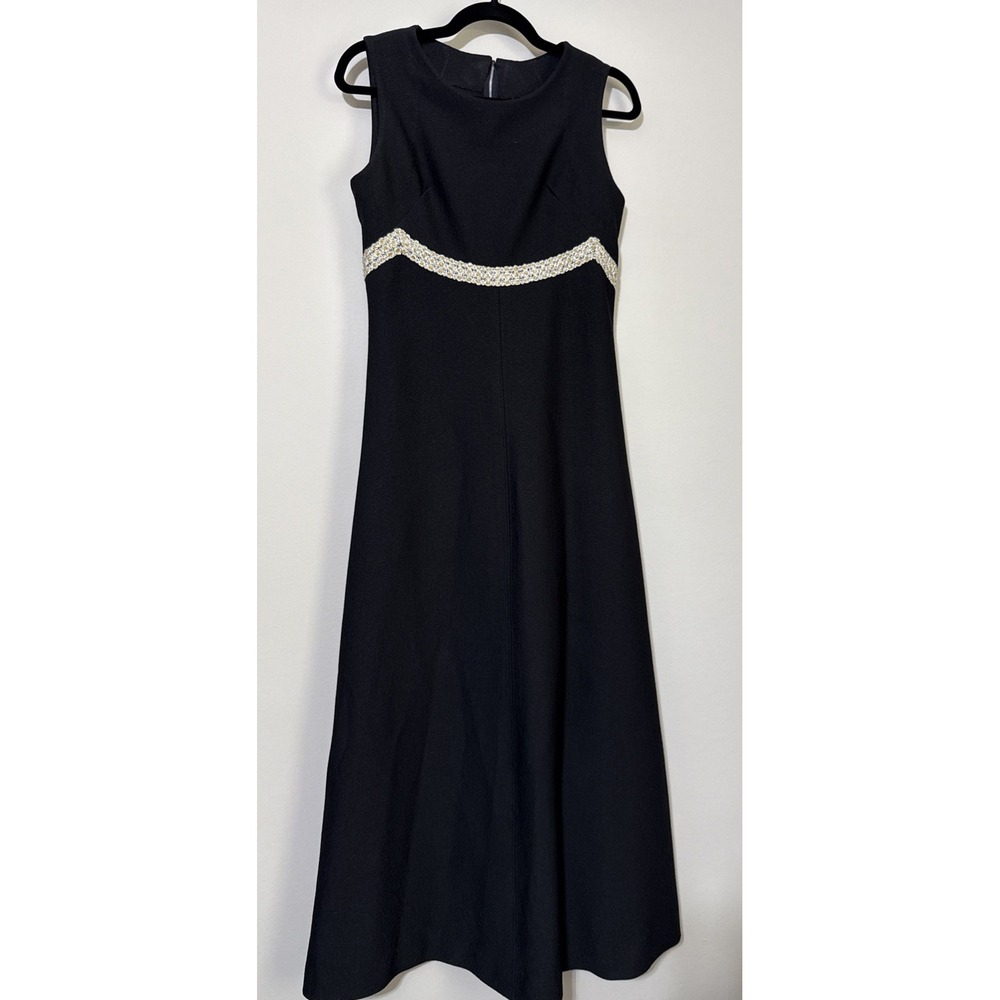 Vtg 60s 70s maxi dress womens Handmade black Empire Mod Retro Silver Gold Trim M - Picture 1 of 16